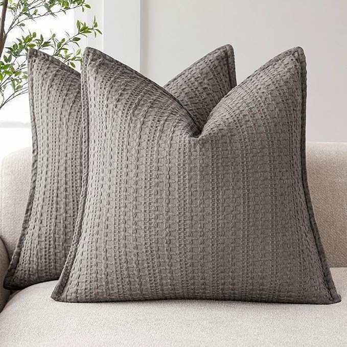 Foindtower Set of 2 Decorative Cotton Waffle Weave Throw Pillow Covers Euro Shams Cushion Covers Accent European Pillowcase for Bed Couch Sofa Bedroom Living Room Home Decor 22×22 Inch Taupe Gray