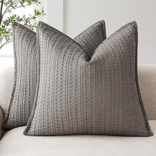 Foindtower Set of 2 Decorative Cotton Waffle Weave Throw Pillow Covers Euro Shams Cushion Covers Accent European Pillowcase for Bed Couch Sofa Bedroom Living Room Home Decor 26×26 Inch Taupe Gray