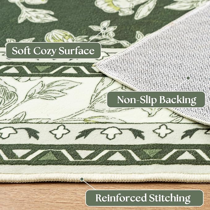 Olive Green Boho 9x12 Rug Living Room Extra Large Washable Non Slip Soft Farmhouse Carpet for Bedroom Dining Room Playroom Cream Beige and Green Peony Lily Aesthetic Pattern Floral Area Rug