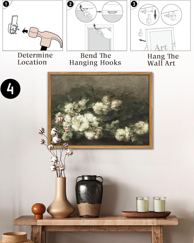 UPWOIGH White Floral Framed Still Life Wall Art, 16 x 24 Inch | Cream White Blooms and Dark Green Leaves, Vintage Moody Oil Painting Style, Warm Wood Frame for Living Room and Bedroom