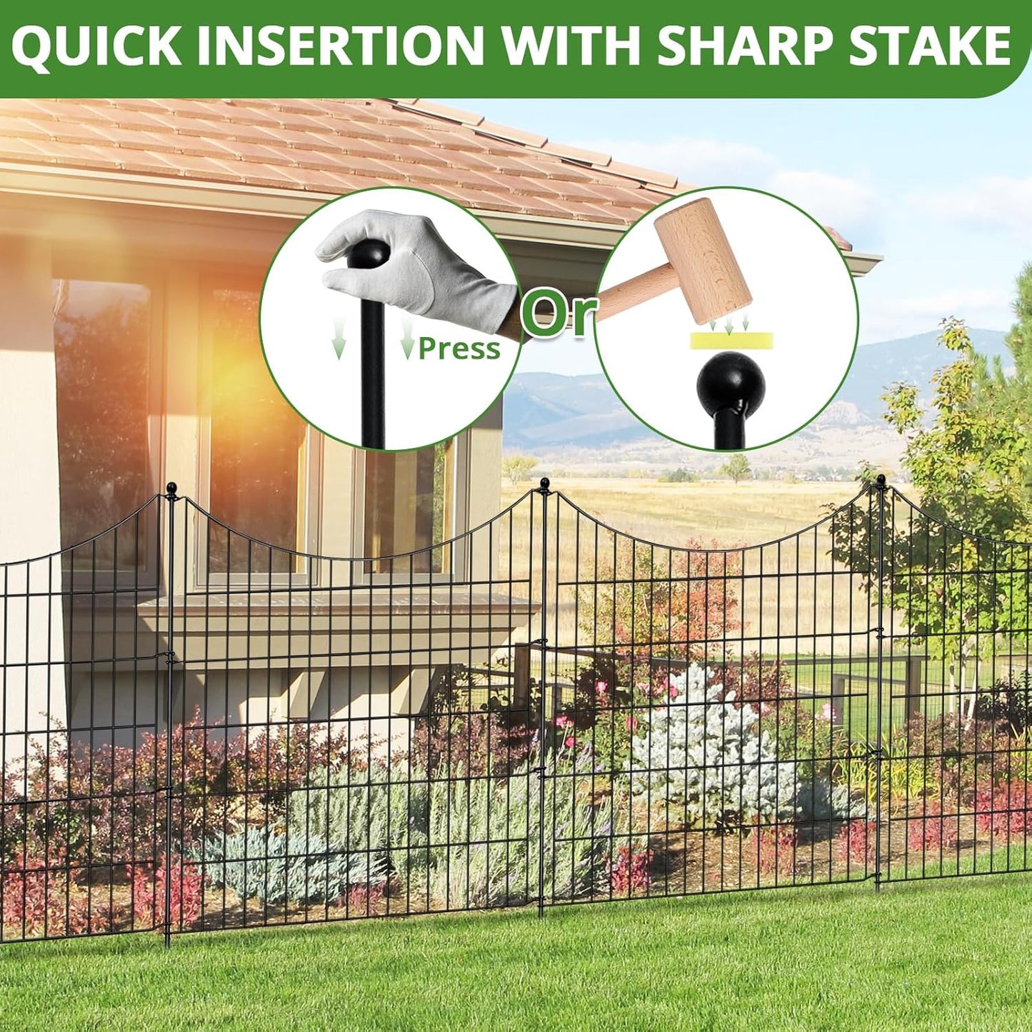 10 Panels No Dig Decorative Garden Fence for Yard, 32 in(H) X 24 ft(L) Rustproof Metal Wire Animal Barrier Fence for Dogs, Rabbits, Landscape Edging, and Patio with 11 Temporary Fencing Stakes