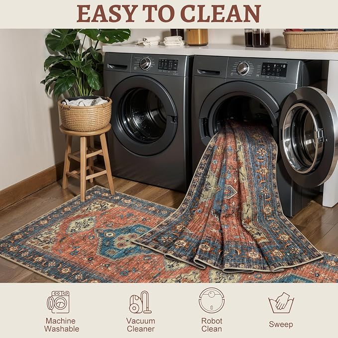 Tangsoo 2.6x8 Washable Runner Rug for Hallways, Non Slip Vintage Runner Rug, Soft Low Pile Long Rug Runner, Print Carpet Runners for Kitchen Bedroom Entryway Bathroom Living Room Terracotta