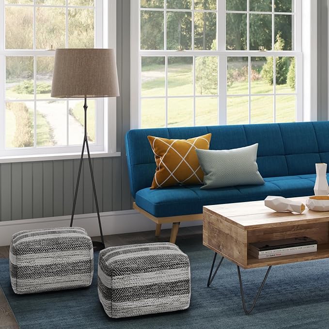 SIMPLIHOME Clay Square Pouf - 18 inch Wide Upholstered Cotton Ottoman in Grey/Natural, Boho Footstool, Decorative Cube Pouf or Extra Seating for Living Room, Bedroom, or Kids Room, Assembled