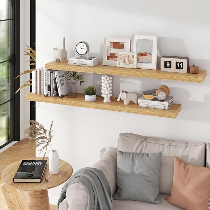 55 inch Floating Shelves for Wall, 9.3in Deep Oak Shelves Wall Mounted Floating Shelf, Extra Long Wall Shelf for Living Room, Kitchen, Office, Floating TV Stand, 2 Packs