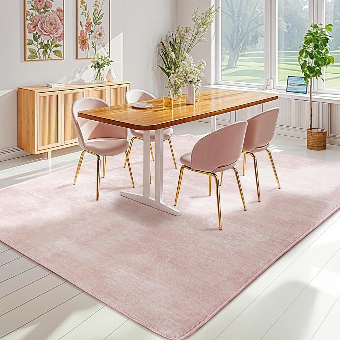 5x7 Washable Area Rug, Pink Solid Area Rugs for Living Room & Bedroom | Stain-resistant & Non-slip backing,Low Pile Washable Large Carpet, Solid Vintage Style For High Traffic Areas(5x7,Pink)