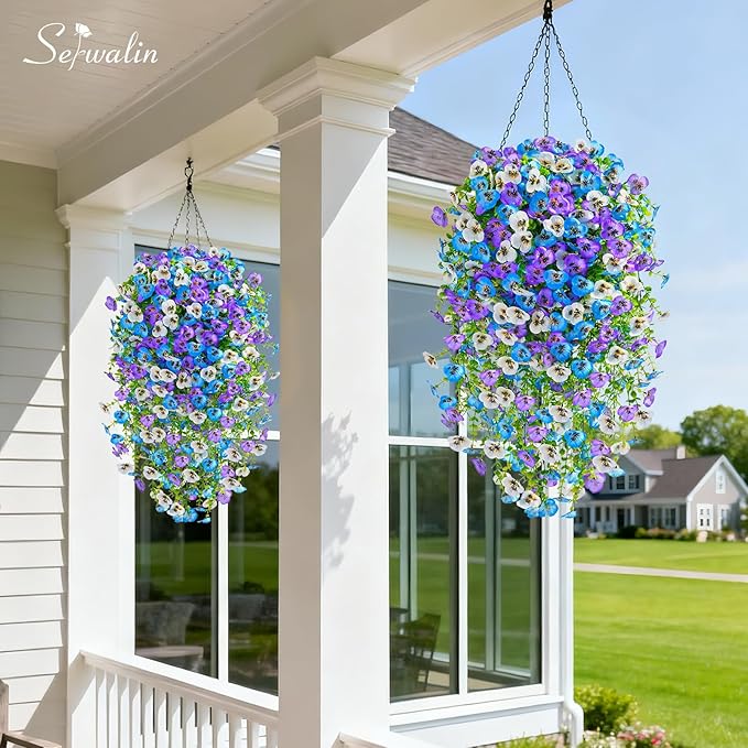 Serwalin Artificial Fake Hanging Flowers for Outdoors Planters,6PCS UV Resistant Faux Pansy Spring Flowers for Outside Porch Patio Garden Window Box (Blue Purple White)