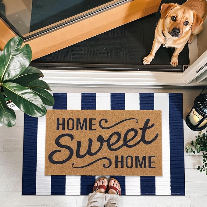 OLANLY Navy and White Striped Rug 3' x 5' – Washable Cotton Indoor Outdoor Doormat for Front Door, Entryway, Kitchen, Porch, Patio Decor