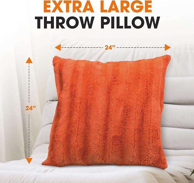 Cheer Collection Fall Decorative Throw Pillows for Couch – Set of 2 Faux Fur Fall Pillows for Couch, Cozy Fall Couch Pillows for Living Room or Bed, Soft, Rust Accent Pillows, 24" x 24"