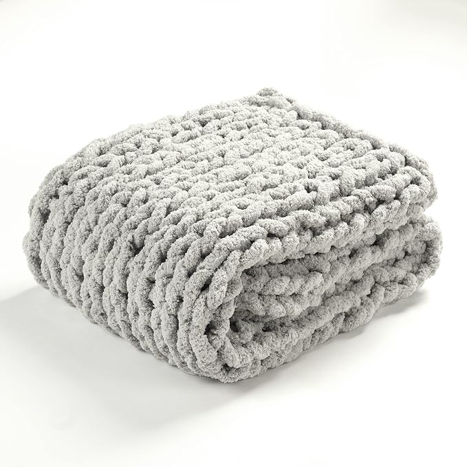 Lush Decor Hygge Ultra Soft Cozy Chenille Chunky Knit Throw Blanket Single 40" W x 50" L Light Gray - Gray Throw Blankets for Bed - Cozy Couch Blanket