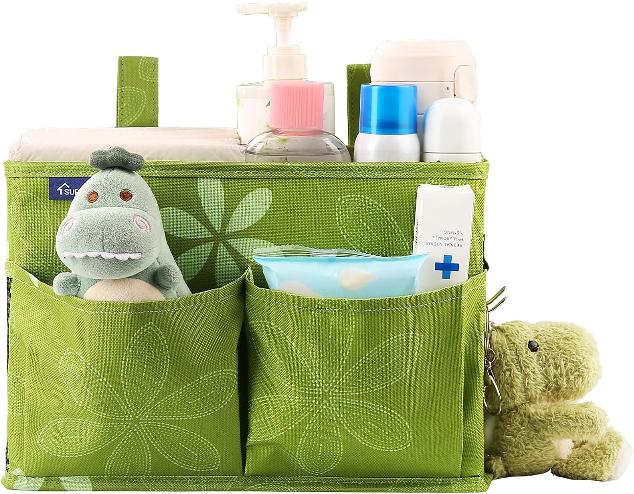 Surblue Bedside Caddy Hanging Bed Organizer Storage Bag Pocket for Bunk and Hospital Beds, College Dorm Rooms Baby Bed Rails,Camp Chiars，Wheelchair Side Bag，4 Pockets and 2 Hooks (Flower)