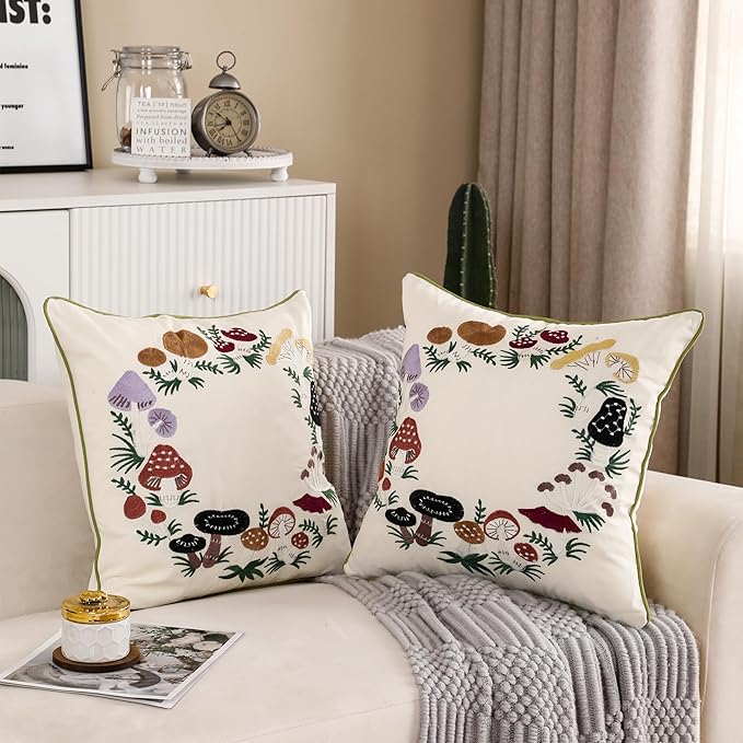 Mushroom Pillow Covers 18 x 18 Set of 2 Embroidered Throw Pillow Covers Mushrooms Decorative Pillowcases Farmhouse Cotton Pillow Cushion Cases Spring Summer Home Decor Square Floral Pillow Case