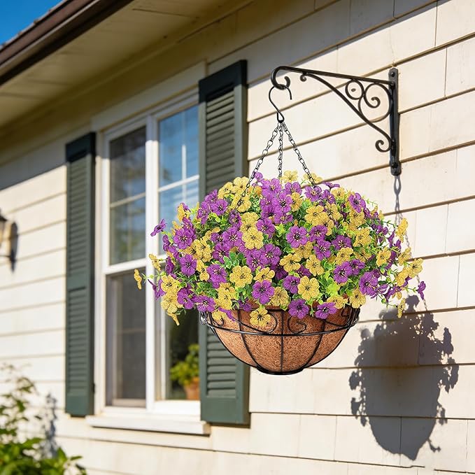 Artificial Fake Hanging Flowers Plants Basket Outdoors, Faux Silk UV Resistant Look Real Daisy Eucalyptus for Spring Summer Garden Porch Home Patio Balcony Yard Decorations, Yellow Purple