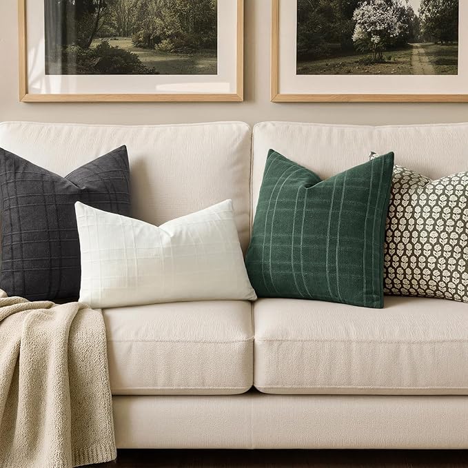 MIULEE Decorative Linen Check Throw Pillow Covers Neutral Farmhouse Vintage Spring Pillow Covers 18x18 Set of 2 Boho Modern Home Decor for Sofa Couch Bedroom Cushion Dark Green