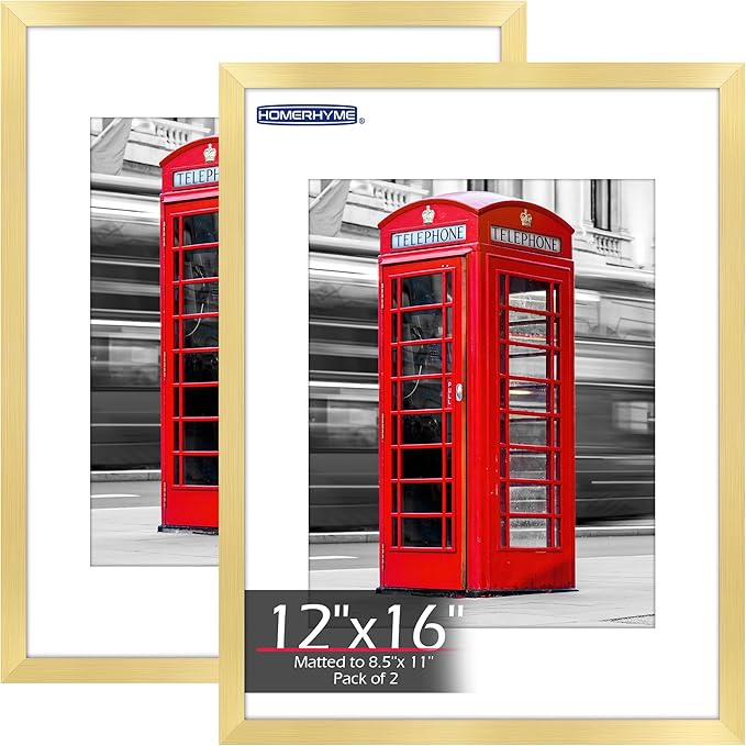 12x16 Picture Frame, 12 x 16 Gold Frame with HD Plexiglass, Display Pictures 8.5x11 with Mat or 12x16 Without, Wall Hanging Photo Frame Poster Frames for Home Office Gallery Decor, 2 Pack