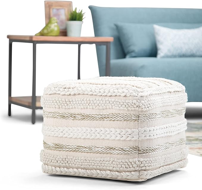 SIMPLIHOME Sommer Square Pouf - 18 inch Wide Upholstered Handloom Woven Cotton Ottoman in Natural/Cream, Boho-Style Footstool, Extra Seating or Accent Piece for Living Room or Bedroom, Assembled