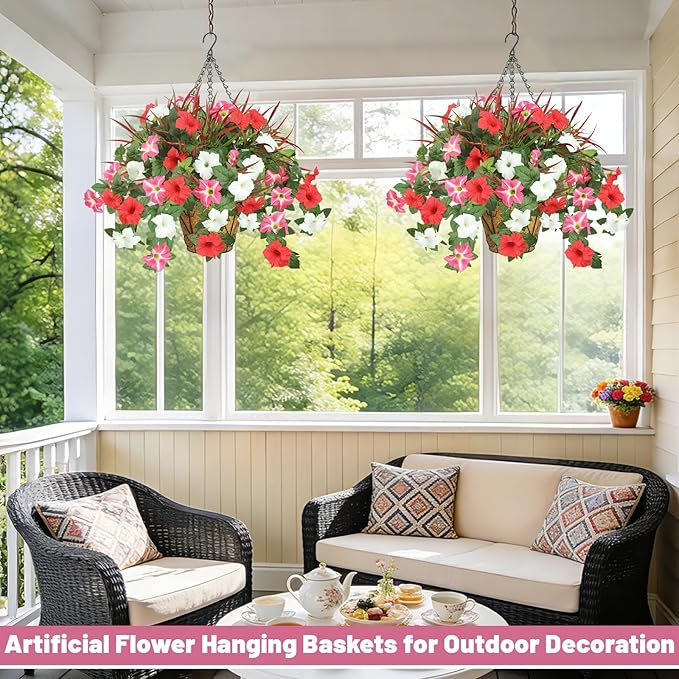 Artificial Flowers Hanging Baskets for Outdoors, 5PCS UV Resistant Faux Outdoor Plants, Fake Petunias Silk Flowers for Garden Balcony Yard Porch Decor (White Red Pink)