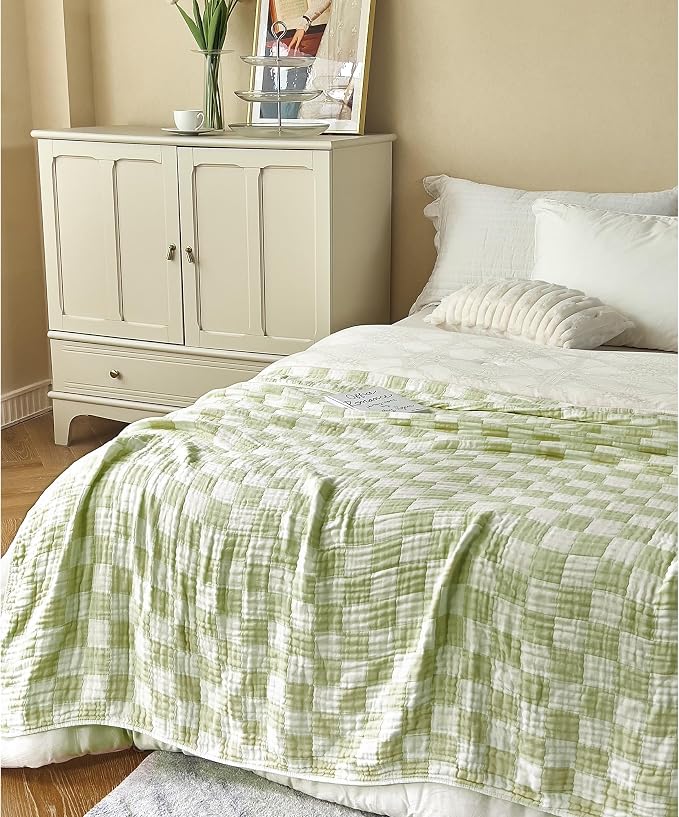 NIDITW Checkerboard Cotton Muslin Throw Blanket for Couch 6-Layer Checkered Gauze Blanket Soft Breathable All Season for Couch Bed Sofa (Matcha Green, King)