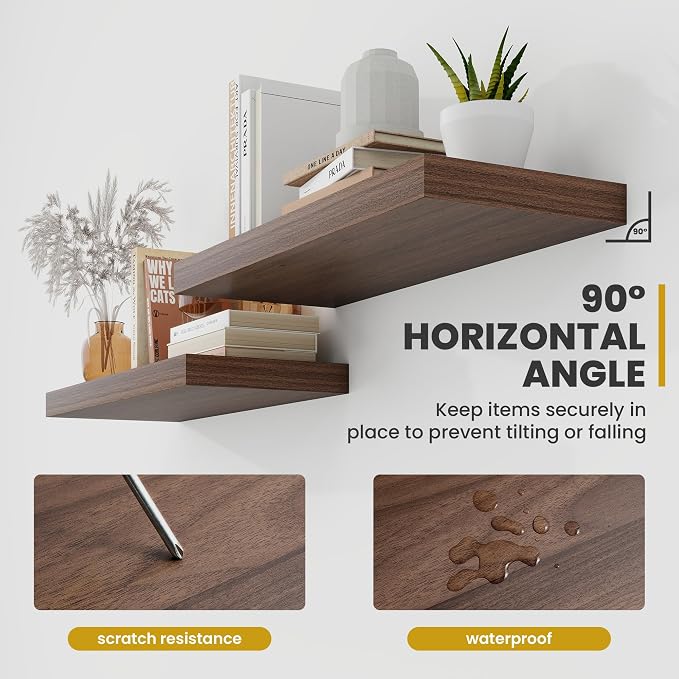 Acovy 55 Inch Floating Shelves, 9.3" Deep Floating Shelf Wall Mounted, 56" Wall Shelves, Rustic Deep Bookshelf, Large Display Shelves & Storage Shelves for Bedroom, Living Room, Walnut, Set of 2