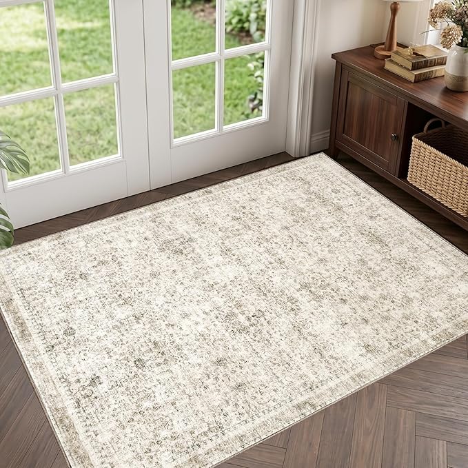 Sasttie 2x3 Rug, Ultra-Soft Washable Rug, Low Pile Foldable Thin Carpets with Non-Slip Backing, Skin-Friendly Stain Resistant Carpet for Living Room, Bedroom, Kitchen, Dorm, 2x3, Beige