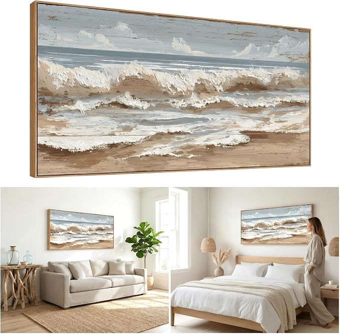 The Mode Art Ocean Wave Canvas Print Framed Beach Landscape Wall Decor Neutral Blue & Beige Artwork for Living Room Bedroom Sofa Fireplace 20x40inch