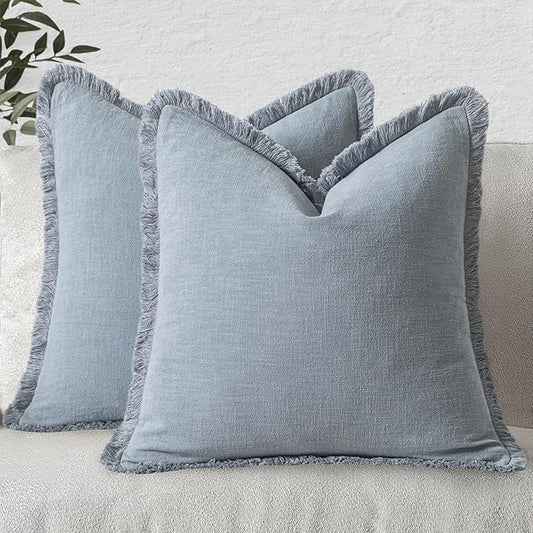 MIULEE Decorative Throw Pillow Covers Neutral Linen Fringe Throw Pillows Euro Shams Set of 2 Light Blue Boho Farmhouse Cushion Covers for Couch Sofa Bed Living Room Spring Home Decor 26x26 Inch