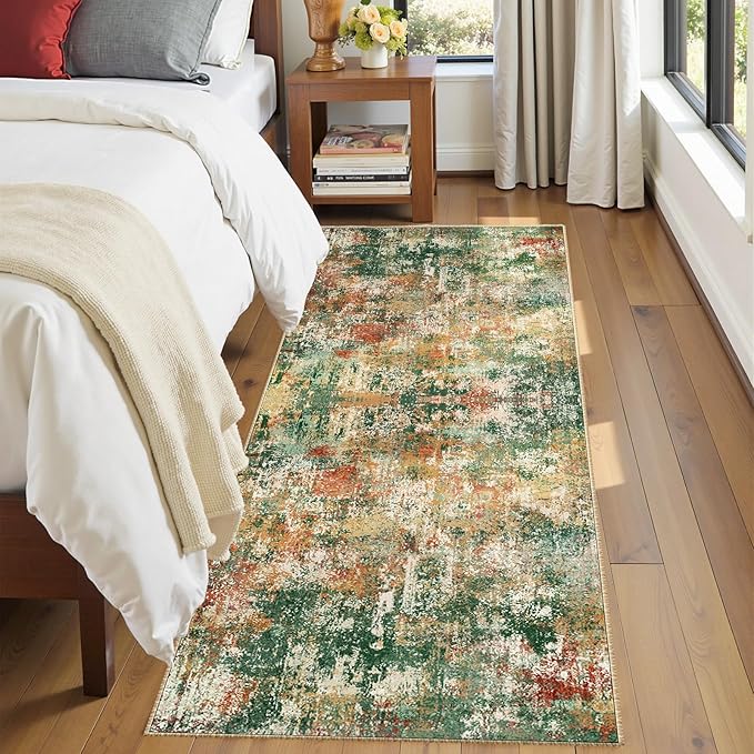 RELEANY Washable Area Rugs 2'x6' Non-Slip Modern Abstract Soft for Living Room Entryway Bedroom Nursery, Print Pattern, Green Orange Rust Red Cream Colorful