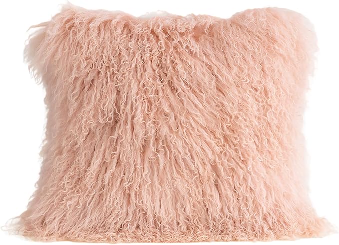 MOOX Mongolian Lamb Fur Pillow Covers Lumbar Throw Sheepskin Pillow Case Genuine Wool Fur Tibetan Accent Living Room Bedroom Decorative Cushion Cover (18 * 18inch Pink)