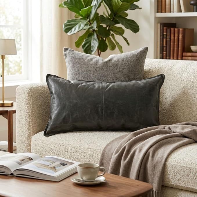 Genuine Leather Pillow Cover Case for Lumbar Throw Couch Pillows - Modern Farmhouse Decorative Sofa Thick & Soft Cushion Covers (Forest Green, 12" x 20")
