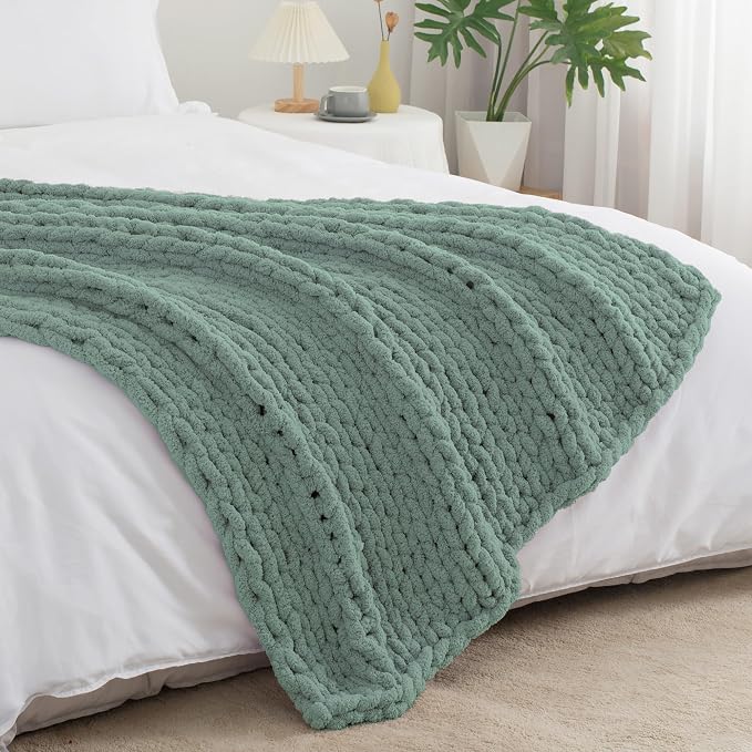 Chunky Knit Throw Blanket 50x60, 100% Handmade Chenille Yarn | 4.4lbs Soft Thick Cable Knitted Blankets, Large Rope Knot Crochet Throws for Couch Sofa Bed Machine Washable, Sage Green