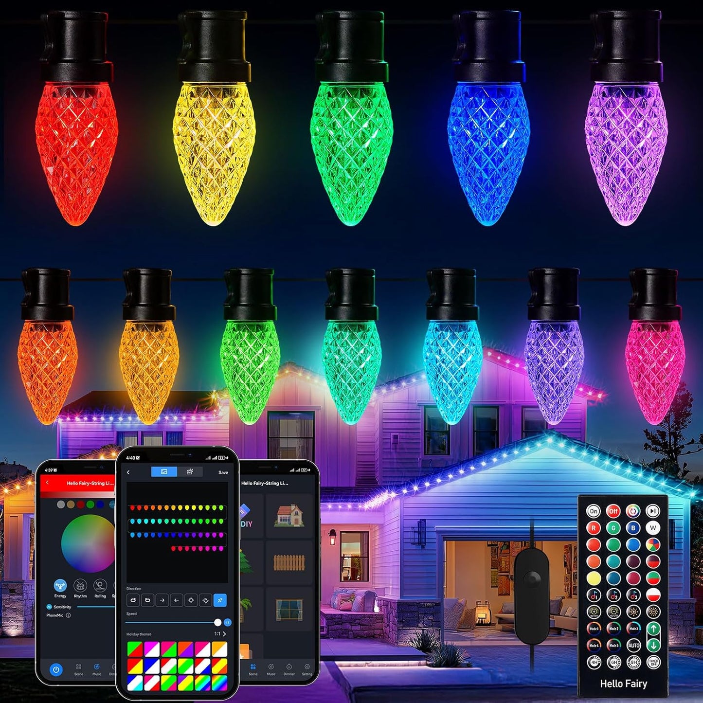 Brightown Smart C9 Christmas Lights Outdoor, 100 LED RGB C9 String Light with Remote, App Control, Music Sync, Connectable Waterproof Christmas Lights for House Tree Patio Holiday Xmas Decor