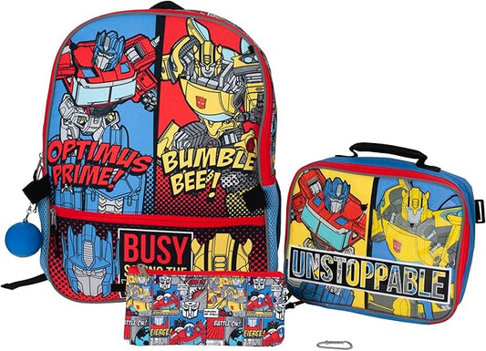 AI ACCESSORY INNOVATIONS Transformers 5 PC Backpack Set, Bumblebee & Optimus Prime School Bag 16”, Blue & Red