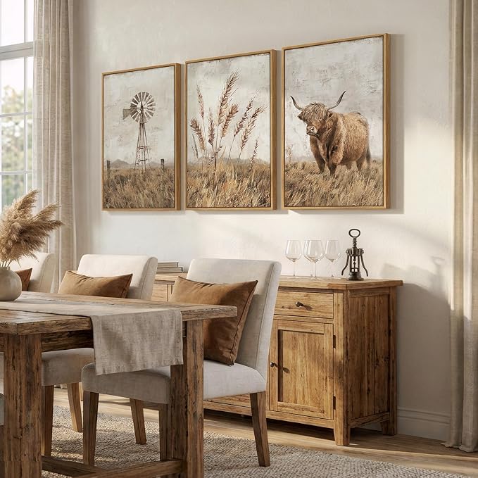 Cuspin Large Neutral Farmhouse Wall Art for Living Room, Vintage Rustic Beige Highland Cow Canvas Prints Set of 3, Retro Country Pictures for Bedroom Dining Room Hallway Wall Decor 20x30 Inch