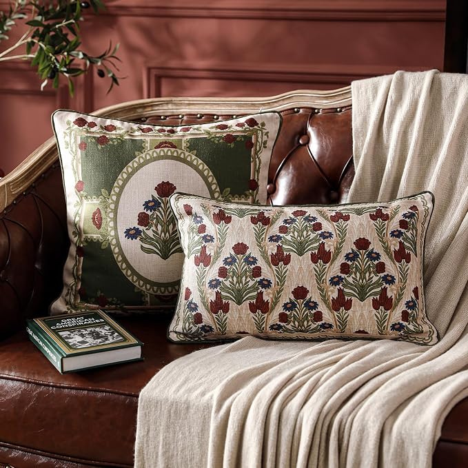 ISAENNE Elegant French Linen Throw Pillow Cover,Set of 2,20"x12"-Estonia A | Designer Vintage Rectangle Pillow Cover,Concealed Zipper Design,Floral Pattern,Sofas,Bedroom,Living Room,Lounge Chairs