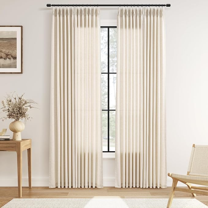 70 Inch Extra Wide Pinch Pleated Linen Curtains 84 Inches Long for Patio Sliding Door Natural Cream Beige Semi Sheer Light Filtering Drapes with Hooks Rings Back Tab for Living Dining Room 70x84
