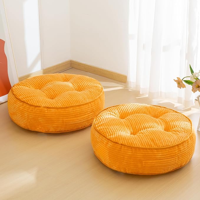 HIGOGOGO 6" Extra Thick Floor Pillow Cushion for Adults, Meditation Cushion Pillow, Large Round Floor Sitting, Tufted Corduroy Cover, for Tatami Living Room or Yoga, 22x22 Inch, 2Pack, Orange