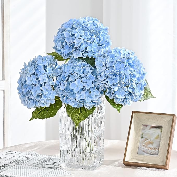 MARTINE MALL 5Pcs 21in Hydrangea Artificial Flowers, Latex Real Touch Hydrangeas Lifelike Large Hydrangea Flowers for Home Decor Party Arrangements Wedding Bouquets Centerpieces (Blue)