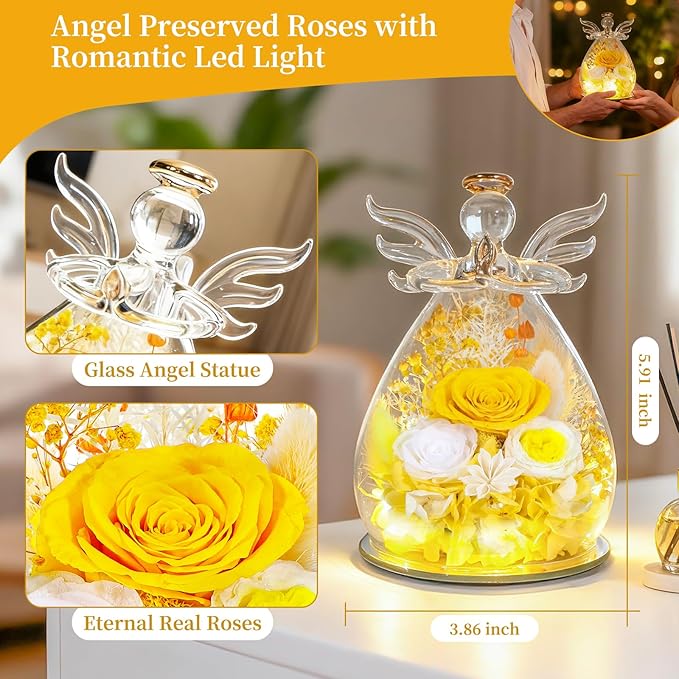 Gifts for Women Mom Preserved Rose Forever Flower Eternal Roses in Glass Angel Figurines Fresh Flowers for Delivery Prime Mothers Day Birthday Gift for Her Wife Grandma on Valentines Day Anniversary