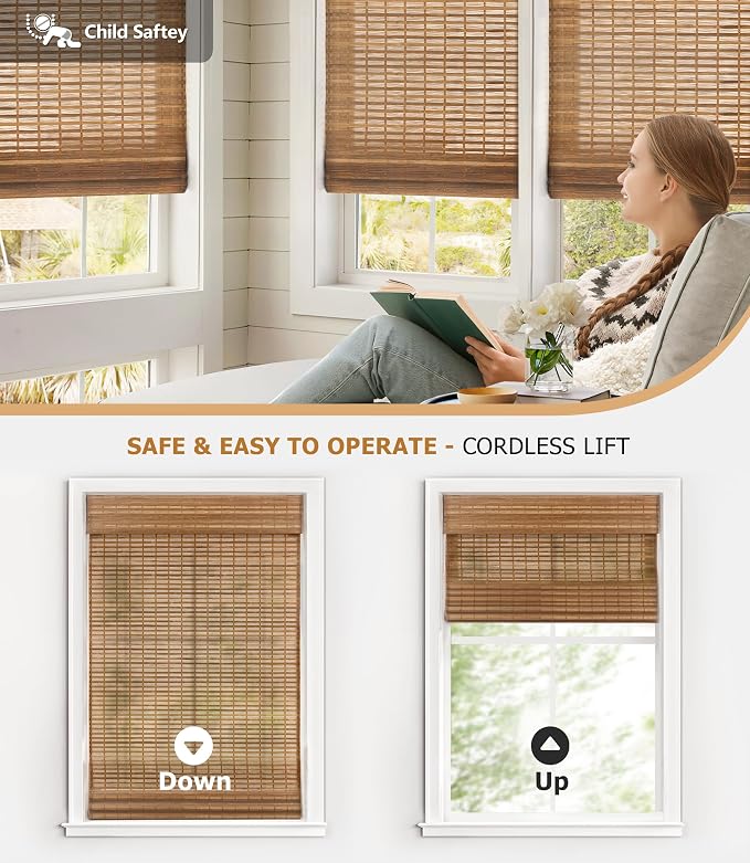 LazBlinds Cordless Bamboo Roman Shades for Windows, 34'' W x 60'' H | Natural Light Filtering Bamboo Window Blinds, Bamboo Blinds for Bedroom Living Room Office Indoor