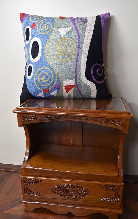 Klimt Blue Marine Modern Pillow Cover | Contemporary Chair Cushion | Blue Sofa Pillowcase | Modern Outdoor Pillows | Mid Century Chair Cushions | Hand Embroidered | Wool Size 18x18