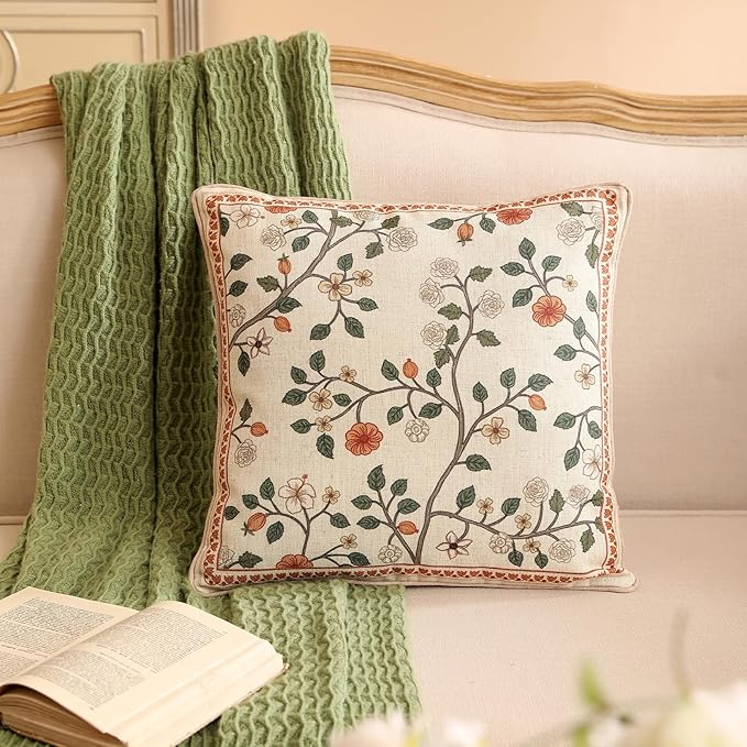ISAENNE Designer Elegant Vintage Linen Throw Pillow Cover,18"x18"-Flora A | French Square Decor Pillow Cover,Concealed Zipper Design,Floral Pattern,Sofa,Bedroom,Living Room,Lounge Chairs