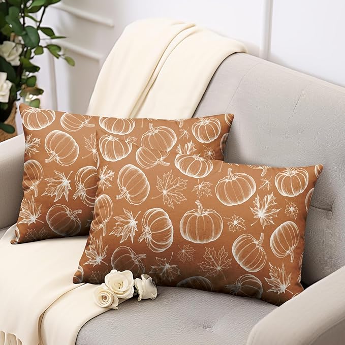 Fall Lumbar Pillow Covers 12x20 Set of 2 Burnt Orange Pumpkin Maple Leaves Throw Pillow Covers Autumn Rectangular Pillowcase Thanksgiving Cushion Case for Home Decor Sofa