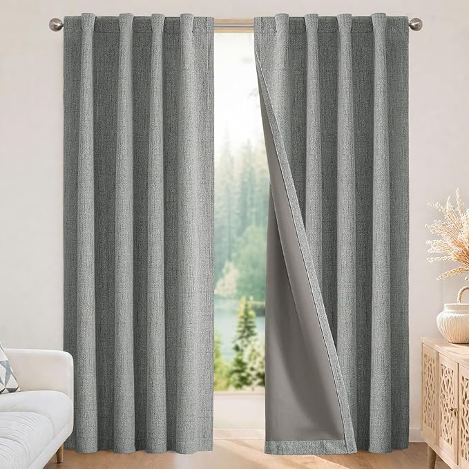 Joydeco Blackout Curtains for Bedroom - 84 Inch Long 100% Light Blocking 2 Panels Light Grey Drapes, Thermal Insulated Room Darkening Curtains, Linen Textured for Living Room, Rod Pocket & Back Tabs