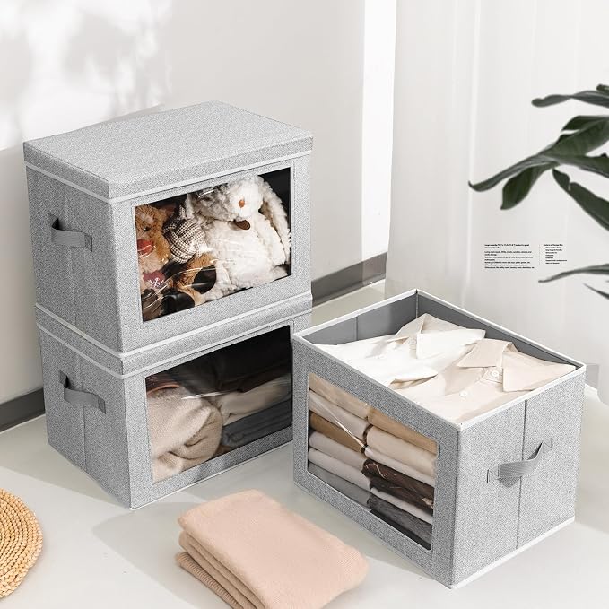 Homsorout Stackable Storage Bins with Lids - Large Decorative Basket with Lids, Fabric Foldable Closet Organizer Bins, Shelf Organizer for Living Room, Dorm, 5 Pack, Blended