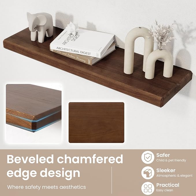 Axeman 24Inch Natural Wood Floating Shelves for Wall|Rustic Wooden Shelves for Bedroom Kitchen Bathroom|Storage Shelf with Invisible Bracket for Wall Mounted|Set of 2|Walnut Color