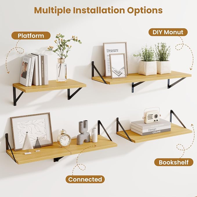 Acovy Deep Floating Shelves,16" Wx10 D Floating Shelves for Wall Set of 2,Heavy Duty Wood Floating Shelf with Metal Bracket,Wall Mounted Hanging Shelf for Living Room Bedroom Bathroom Kitchen,Oak