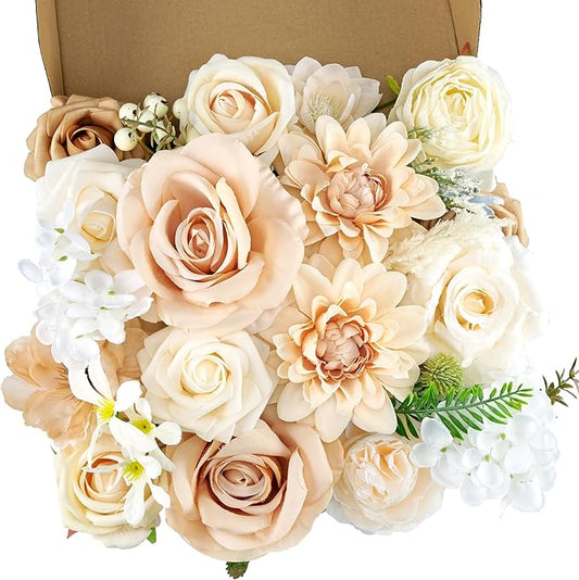 Artificial Flowers Combo Box, 31PCS Fake Flowers, Silk Flower Mix with Wire Stem, DIY Wedding Bridal Bouquet for Arrangement, Shower Party Home Décor, Champagne & Ivory Mix