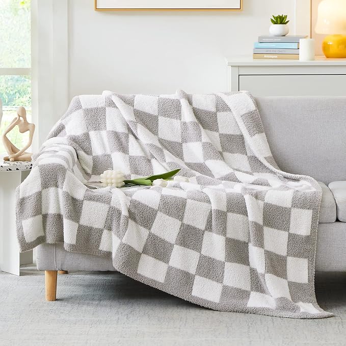 WRENSONGE Soft Twin Size Checkered Blanket for Bed-Cozy Knitted Blankets | Lightweight Fluffy Warm Decor for Women, Mom, Her & Girls, Sofa, Chair, Couch, 60x80in,Light Grey