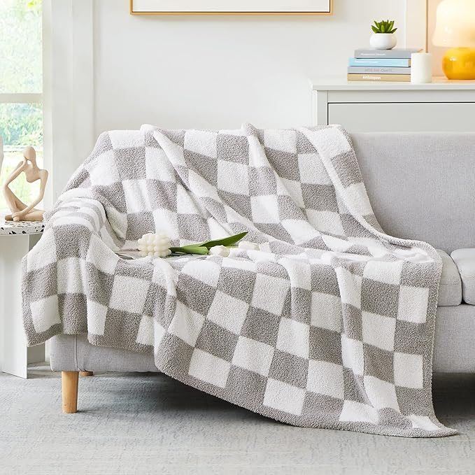 WRENSONGE Soft Checkered Throw Blanket for Couch-Cozy Warm Knitted Blankets | Lightweight Warm Fluffy Decor for Women, Mom, Her & Girls, Sofa, Chair, Bed, 50x70in,Light Grey
