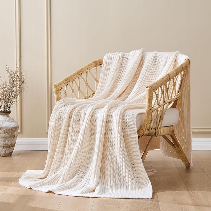 Cream White Chunky Knit Throw Blanket 60"x80" - Soft Cozy Thick Knitted Blanket for Couch Sofa Bed, Cute Christmas Decorative Throw for Living Room