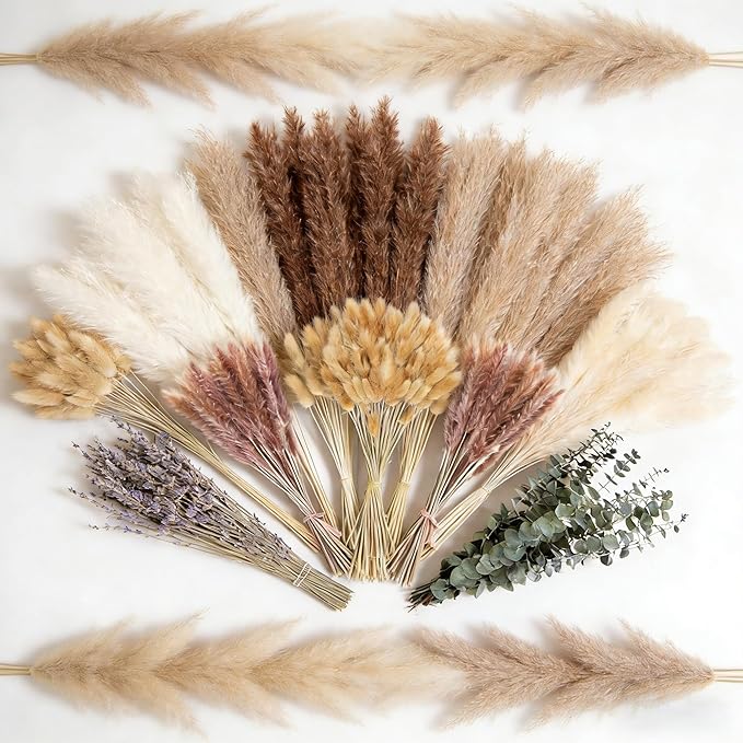 710Pcs Natural Dried Pampas Grass Decor, 9 Types Dried Flowers for Vase, Boho Pampas Bouquet for Wedding, Party, Centerpiece Table, Modern Home, Western Living Room, Nursery, Farmhouse Decor 17''